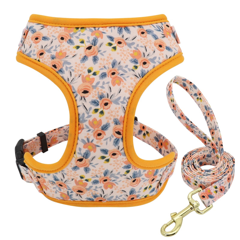 Adjustable Nylon Mesh French Bulldog Collar Harness Leash Set Cute Printed Puppy Cat Harness Vest Leash For Small Medium Dogs