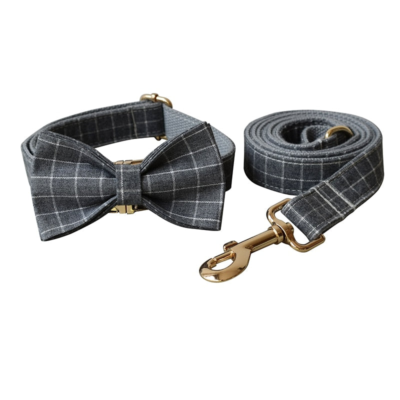 Comfortable and durable gray plaid dog collar and dog leash for pitbull  bull terrier Rottweiler german free engraving Grid 03