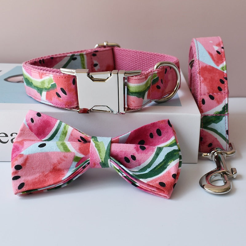 Personalized Pet Bowknot Dog Collar And Leash Set Can Engrave For Free Suitable For All Kinds Of Small Dog, Medium Dog Fruit 04