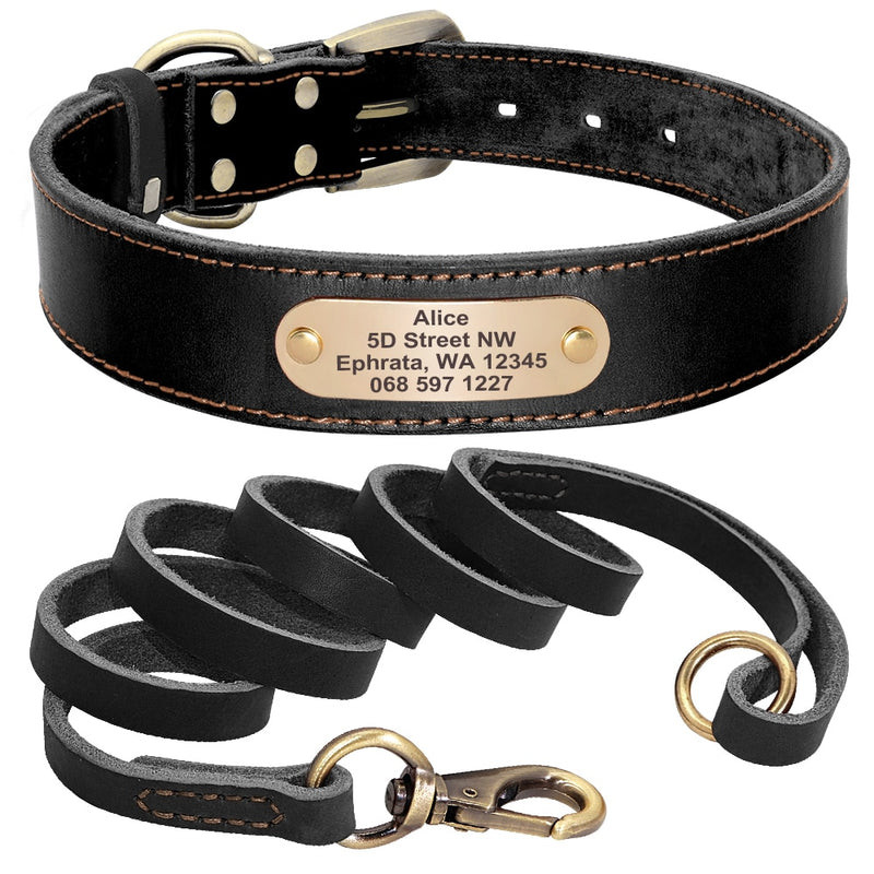 Custom Leather Dog Collar Leash Set Personalized Pet Collar Leash Free Engraved Nameplate For Small Medium Large Dogs