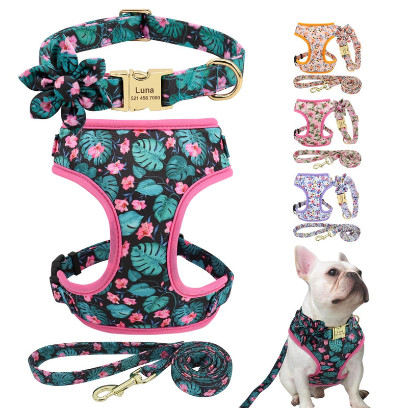Adjustable Nylon Mesh French Bulldog Collar Harness Leash Set Cute Printed Puppy Cat Harness Vest Leash For Small Medium Dogs